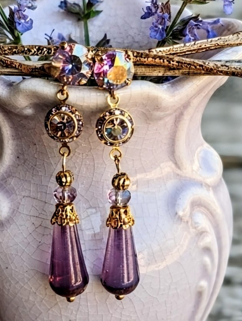 Purple Metallic AB Flower Crystal And Purple Opaline Dangle Earrings